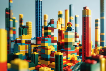 Brightly colored building blocks create a lively cityscape with a child figure exploring the vibrant structures.の写真素材