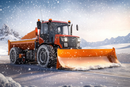 A snow plow clears a snowy road in a mountainous area while snow is falling around.の写真素材