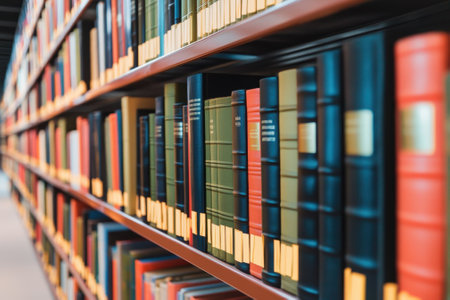 Books of various colors are neatly arranged on shelves in a serene library, illuminated by natural light.の写真素材