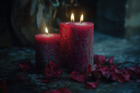 Flickering flames from red candles create a warm glow in a dark room, accompanied by scattered rose petals.の写真素材