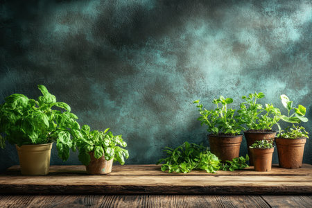 Various pots of fresh herbs are displayed on a wooden table, creating a vibrant nature scene.の写真素材