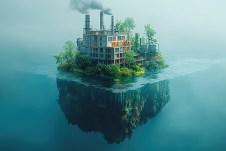 An industrial complex sits atop a floating island, nestled in lush greenery, shrouded in early morning mist.の写真素材