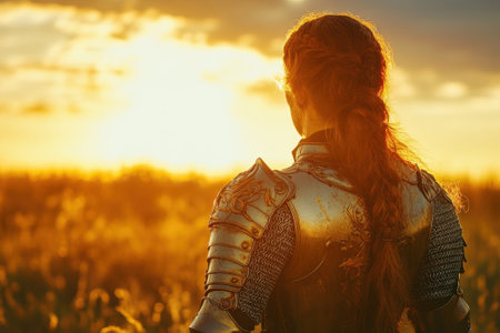 A warrior stands in shining armor, facing a vibrant sunset over a peaceful field.の写真素材