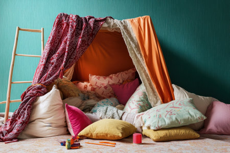 A vibrant blanket made of colorful fabrics stands in a cozy room filled with pillows and toys.の写真素材