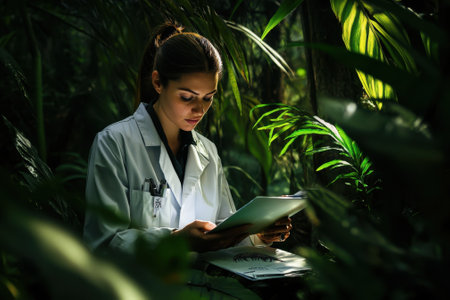 A scientist in a lab coat analyzes data among dense greenery in the early hours of the day.の素材