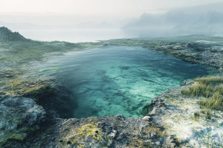 Crystal clear water in a geothermal pool reflects the early morning light amid a misty, rocky environment.の写真素材