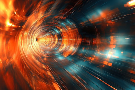 This artwork features a dynamic tunnel filled with swirling colors, evoking a sense of speed and depth.の写真素材