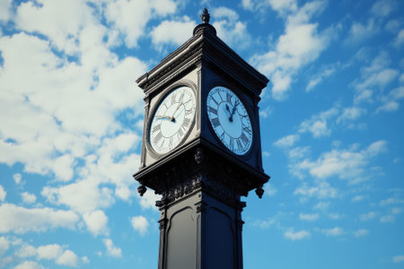 A majestic clock tower displays the time against a backdrop of a bright blue sky filled with clouds.の写真素材
