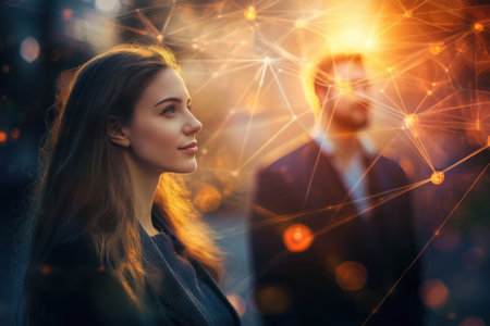 A woman stands thoughtfully while a man fades into the background, surrounded by digital connections.の写真素材