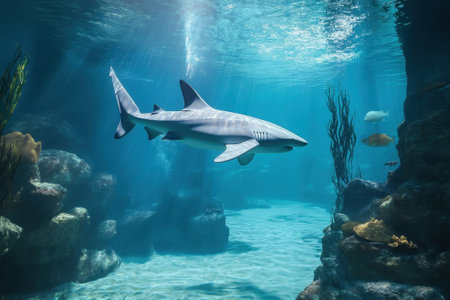 A sleek shark glides effortlessly through clear waters, showing its agility amidst coral formations and fish.の写真素材