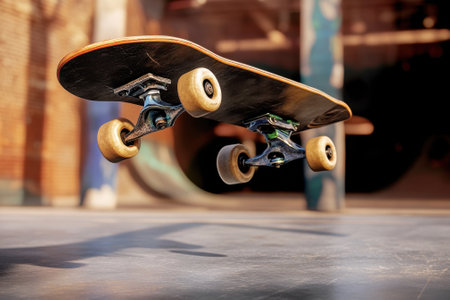 A skateboard is captured mid-flight above a sleek surface in an outdoor skate park, showing dynamic motion.の写真素材
