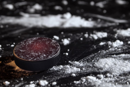 A hockey puck lies on a snowy surface, ready for play in an outdoor winter sports environment.の写真素材