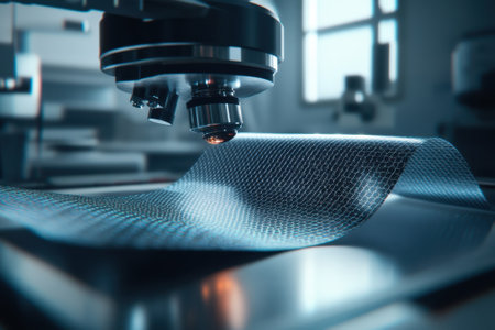 A microscope examines a synthetic sheet material under strong illumination in a lab environment.の写真素材