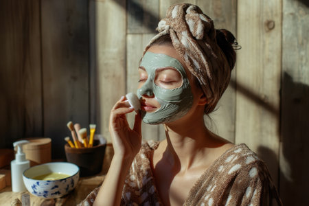 A woman applies a green facial mask while enjoying a tranquil moment in a sunlit space.の写真素材