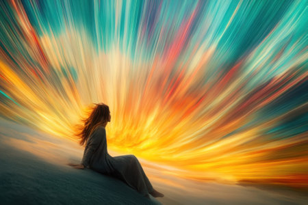 A woman relaxes on a sandy surface, gazing at a colorful sunset filled with swirling hues and dynamic motion.の写真素材