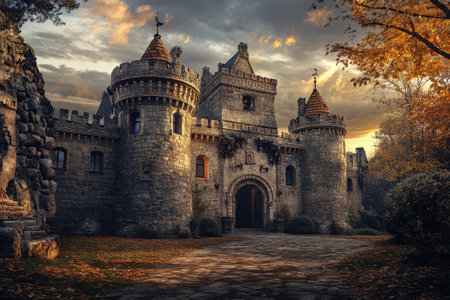 A grand stone castle features turrets and an inviting entrance amidst vibrant autumn leaves during sunset.の写真素材