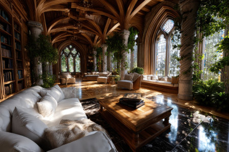 Luxurious living area featuring wooden architecture, large windows, and lush greenery creating a serene atmosphere.の写真素材