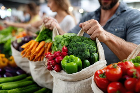 Shoppers select vibrant vegetables in reusable bags at a bustling local market on a sunny day.の写真素材