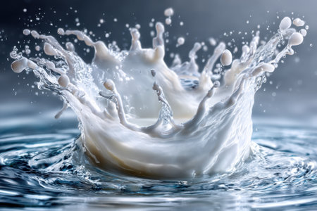 A vibrant splash of milk forms intricate patterns as it collides with clear water in stunning detail.の写真素材