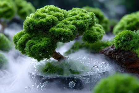 Vibrant bonsai tree features lush green foliage, resting on a bed of mist and bubbles in a serene setting.の写真素材