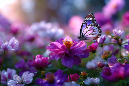 A butterfly hovers over a pink flower surrounded by various colorful blossoms in a lively garden.の写真素材