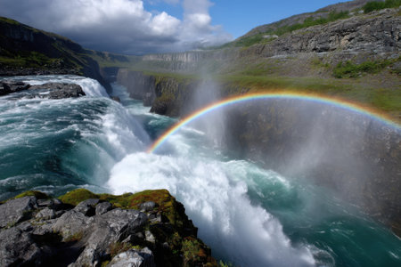 Vivid rainbow arches over a powerful waterfall amid rocky cliffs and lush greenery in Iceland's wilderness.の写真素材