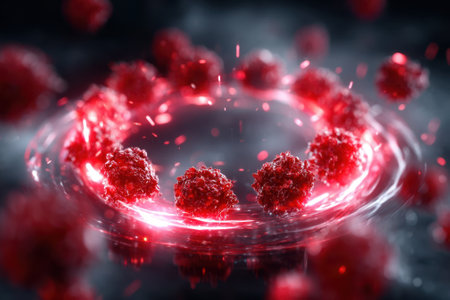 Red viruses are illuminated in a swirling atmosphere, creating a striking visual representation of their form.の写真素材