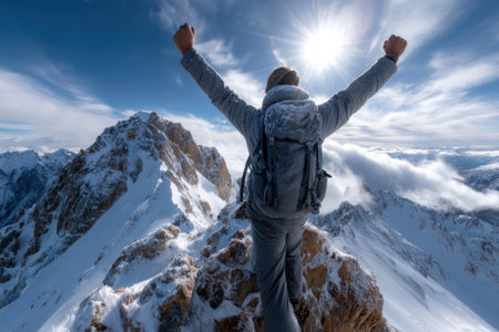 A climber stands triumphantly on a mountain summit, arms raised, enjoying the breathtaking view and sunlight.の写真素材