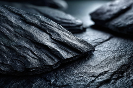Textured slate stones lie in close proximity on a dark surface, reflecting natural light beautifully.の写真素材