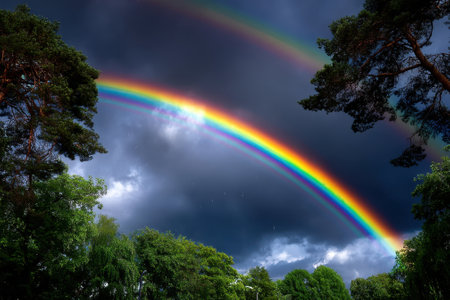 Bright rainbow forms over green trees following a rainstorm, showing nature's beauty and tranquility.の写真素材