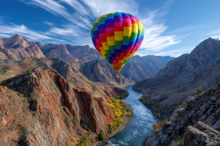 A vibrant hot air balloon drifts above a serene river surrounded by majestic mountains and colorful foliage.の写真素材