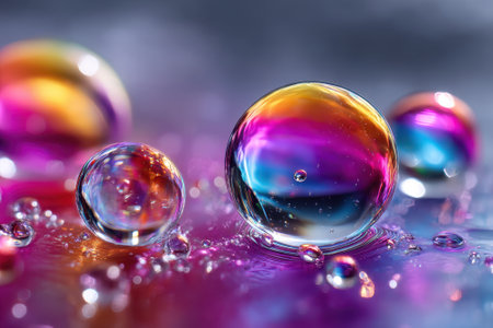 Water droplets of various sizes display a spectrum of colors, creating an artistic and lively visual effect.の写真素材