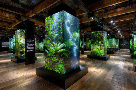 Visitors explore an art exhibition showcasing vibrant visuals of jungle landscapes and waterfalls.の写真素材
