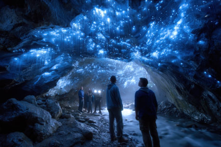 Visitors gaze in awe at a stunning cave decorated with glowing lights in a darkened environment.の写真素材