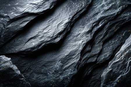 Rough slate rocks display intricate textures and shadows under natural light, showing geological formations.の写真素材