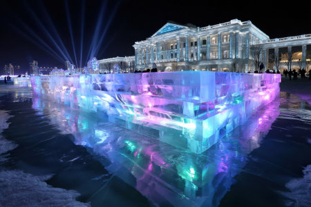 Brightly illuminated ice structures reflect on icy surface at city plaza during winter festival evening.の写真素材