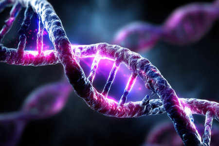 A colorful depiction of a DNA double helix showcasing intricate details and vibrant colors in a dark background.の写真素材