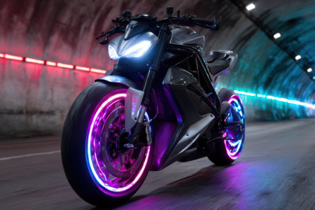 A sleek electric motorcycle with neon-lit wheels stands in an underground tunnel, showcasing modern design.の写真素材