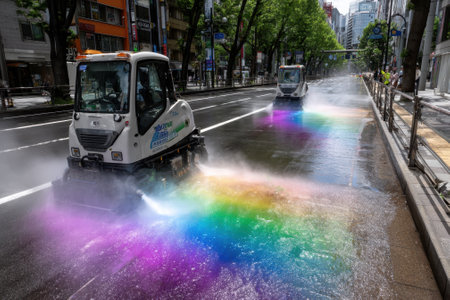 Two street cleaning vehicles wash the pavement, creating vibrant rainbow colors on a sunny city afternoon.の写真素材
