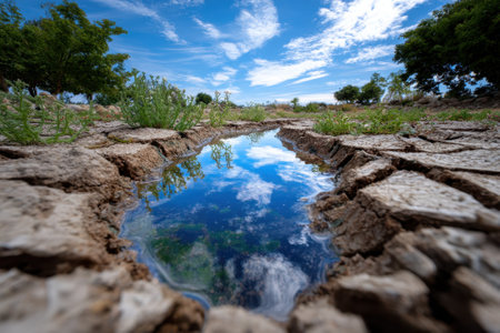 Cracked earth reveals a small pool of water reflecting the sky, surrounded by sparse greenery under summer light.の写真素材