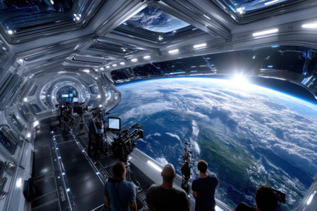 People gaze at Earth's beauty from a sleek spacecraft, capturing the view of the planet and starry expanse.の素材