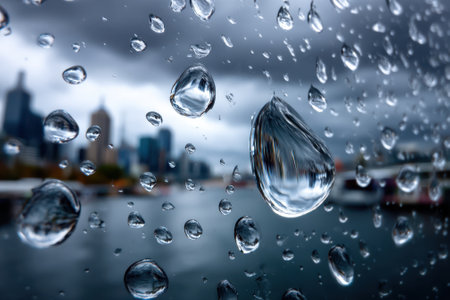 Raindrops cling to a window, illustrating a moody sky over Melbourne's skyline as storm clouds gather.の写真素材