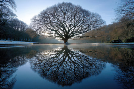 A large, leafless tree stands tall next to a serene lake reflecting its silhouette at dawn.の写真素材
