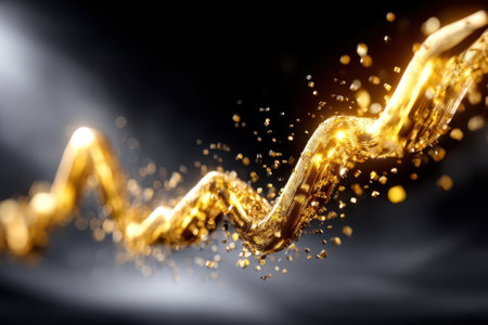 Shimmering golden wave pattern created with glowing particles on a dark backdrop, emphasizing motion.の写真素材