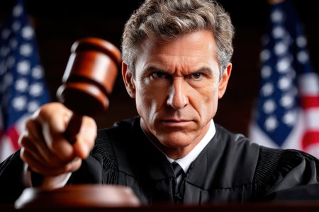 A judge is delivering a ruling while holding a gavel, with national flags displayed in the courtroom.の写真素材