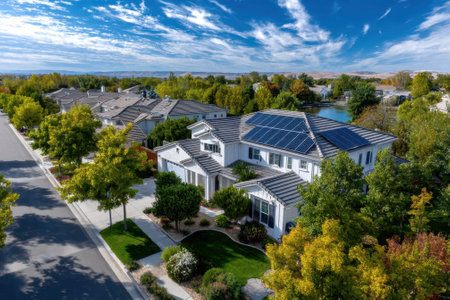 A large modern residence showcases solar panels while surrounded by lush trees along a quiet street.の写真素材