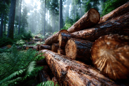 Stacked logs rest on the forest floor, surrounded by lush ferns and towering trees in soft morning light.の写真素材