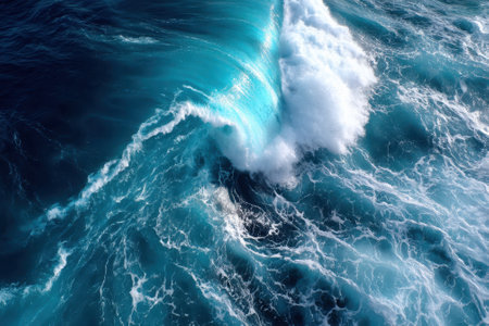 Turquoise waves surge powerfully, creating frothy white caps under bright sunlight, showcasing ocean's energy.の写真素材