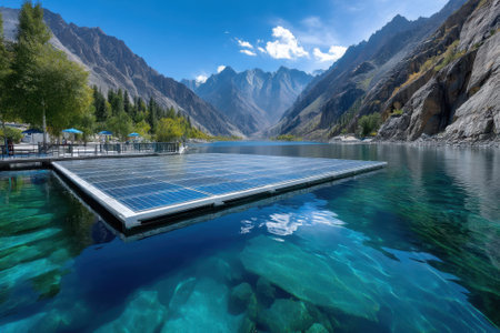Solar panels are installed on a platform in calm lake water, with dramatic mountain scenery in the background.の写真素材