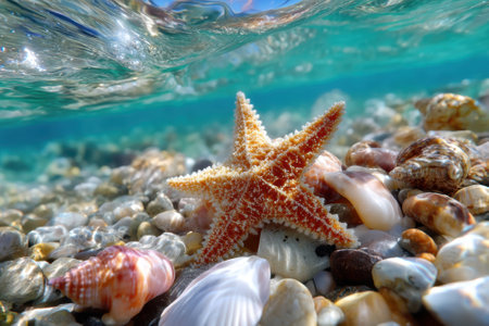 A vibrant starfish rests among colorful seashells on a sandy ocean floor, illuminated by sunlight.の写真素材